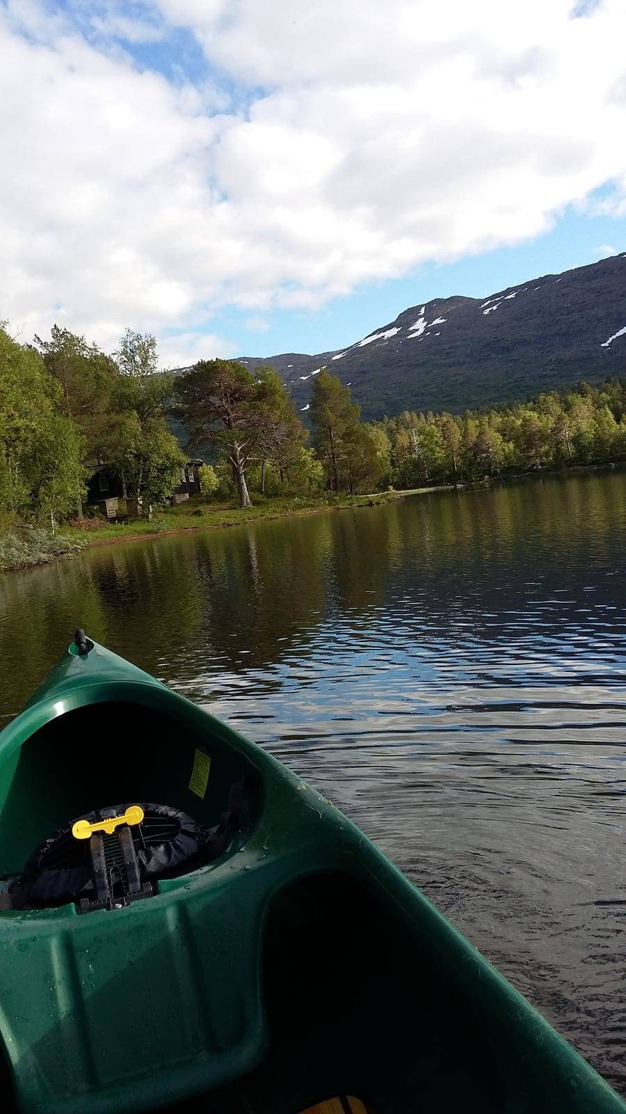Grønn kano ved en stille elv omkranset av skog